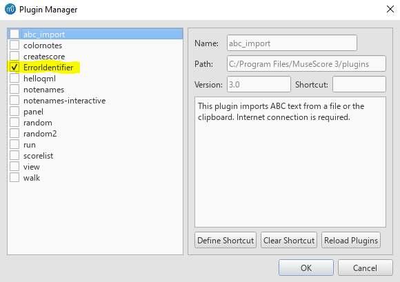 Enabling Musescore Error Checker Plugin